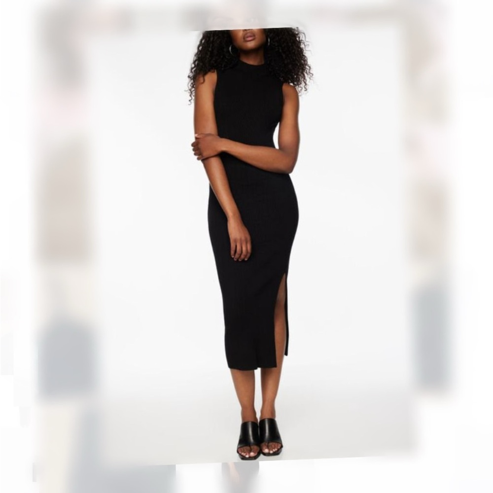Elegant Knit Mock Neck Black Sleeveless Dress (In BLACK)